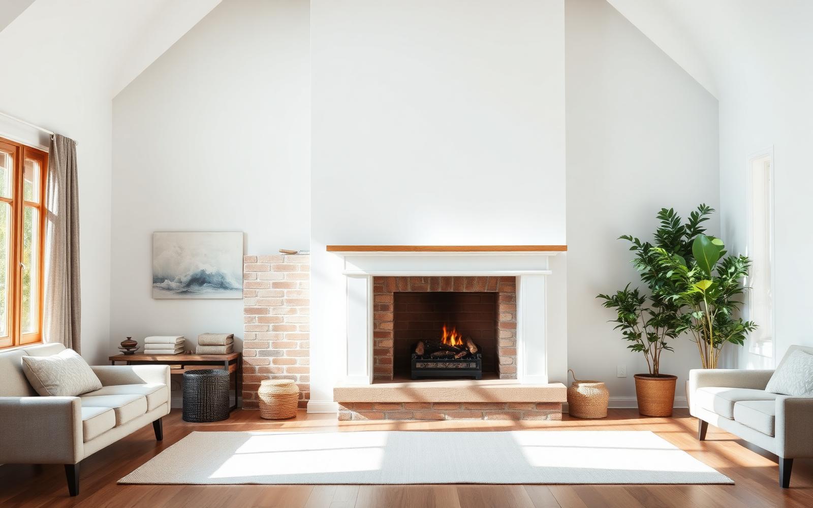 Bright modern living room with a clean brick fireplace